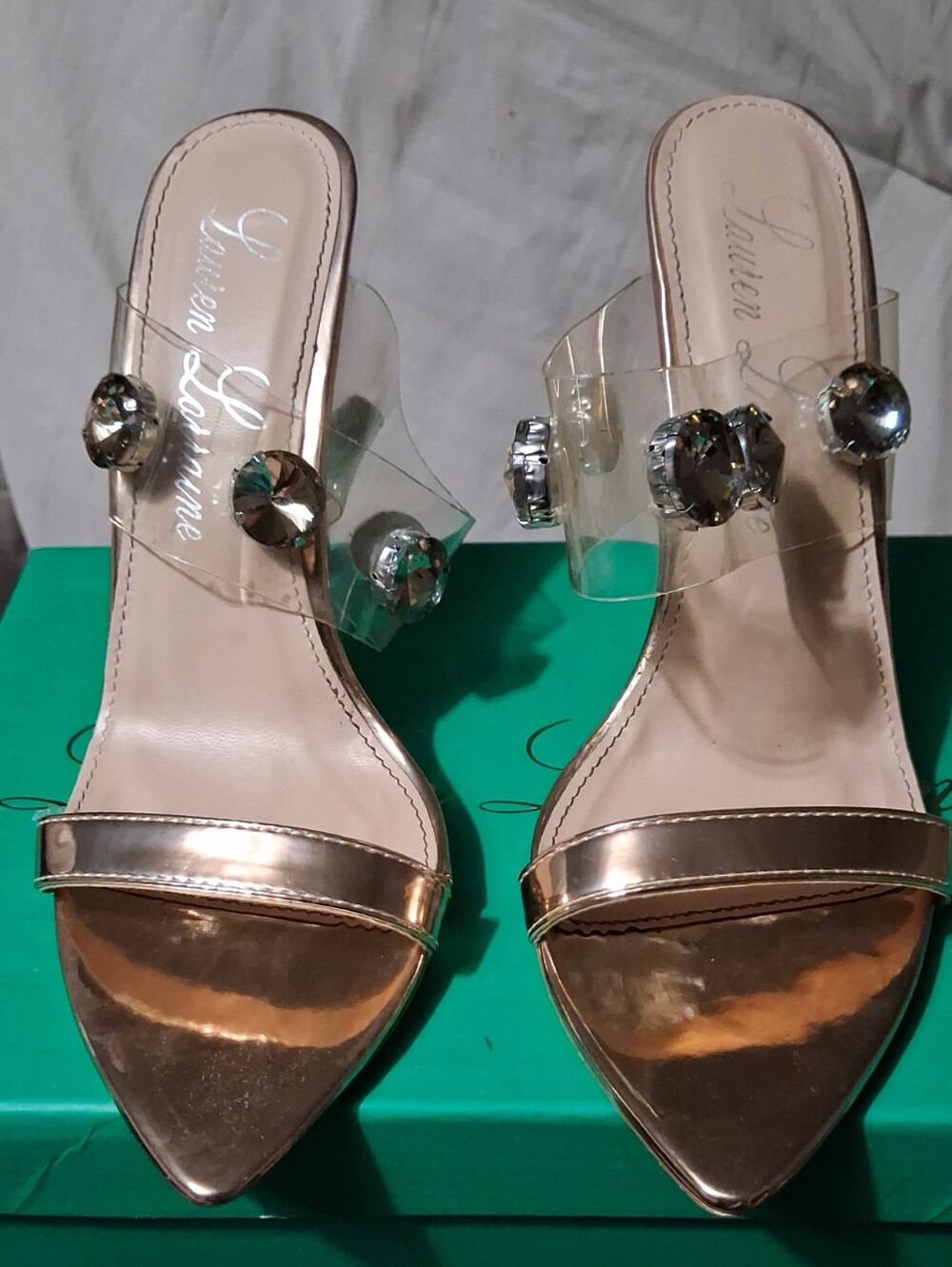 Lauren Lorraine Rose Gold Pointed Toe Mules with Clear Gem Straps